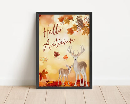 Autumn Leaves Poster, Hello Autumn Print, Deer Watercolour, Autumnal Decor, Seasonal Fall Wall Art, Autumn Vibes, Fall Theme Printable