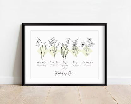 Personalised Birth Flower Gift Print, Birth Month Floral Art, Mum Gift for Her, Baby Shower, Month of Birth Flower, Botanical Print Month