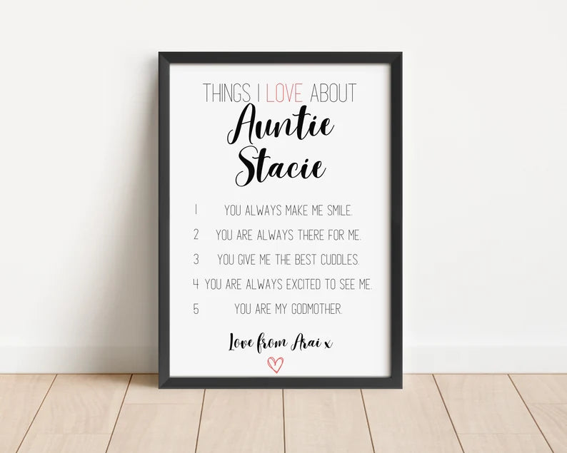 Cute Auntie Print, Reasons I Love You Poster, Gift to Aunty, Aunt Birthday Gift, Gift from Nephew Niece, Sister Birthday Gift