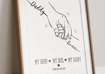 Father's Day Line Art Gift, Daddy Hand Birthday Print, Personalised Children's Hands Gift Frame, Daughter to Dad Gift, New Daddy Baby Gift