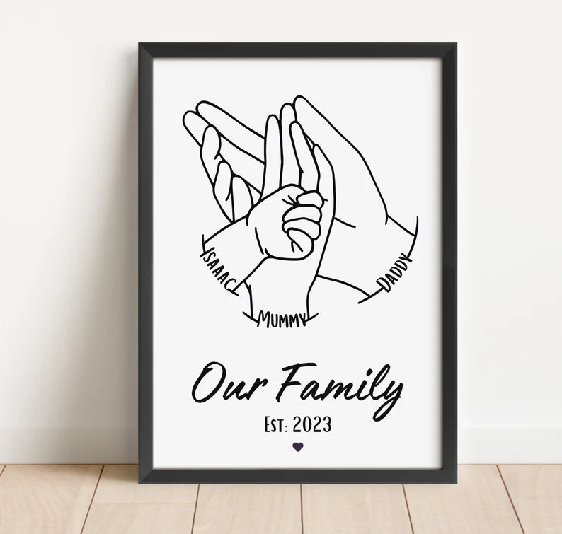 Personalised Family Hands Print, Baby Keepsake Gift, Mothers Day Gift Newborn, Custom Line Art Gift, New Mummy Daddy Gift, Mum Birthday Gift