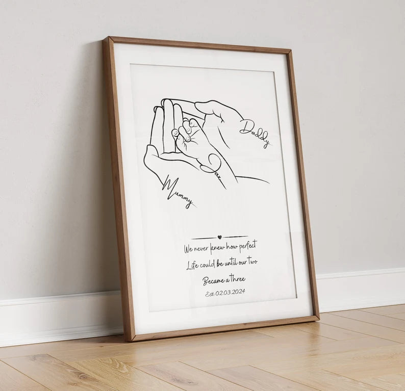 Personalised Family Poster, Birth Present Gift, First Baby Gift, New Family Present, Minimalist Line Art Print, Baby Shower, Newborn Hands