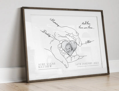 Personalised Newborn Baby Poster, Photo Gift for New Family, Minimalist Line Art Print, Baby Shower, Name and Birth Date, New Mum Birthday