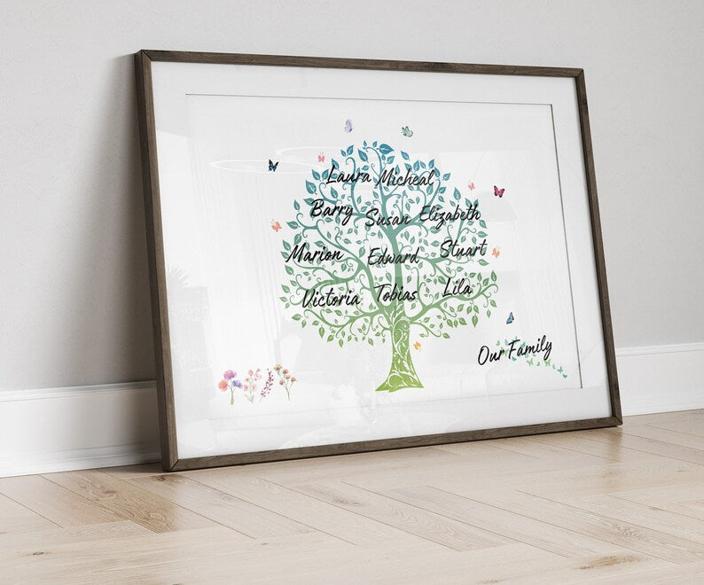 Personalised Family Tree Print with Names, Custom Family Artwork, Anniversary, Christmas, Mother's Day, Father's Day Gift, Family Wall Art