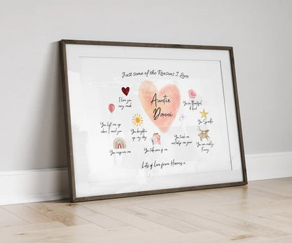 Personalised Auntie Gift, Reasons I Love You Print, Framed Aunt Watercolour Art, Cutom Quotes for Aunty, Birthday Gift Sister, Framed Gift