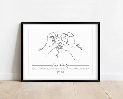 Personalised Family Print, New Baby Newborn Birthday, Fist Bump Wall Art, Minimalist Line Art, Baby Shower, First Second or Third Child Gift