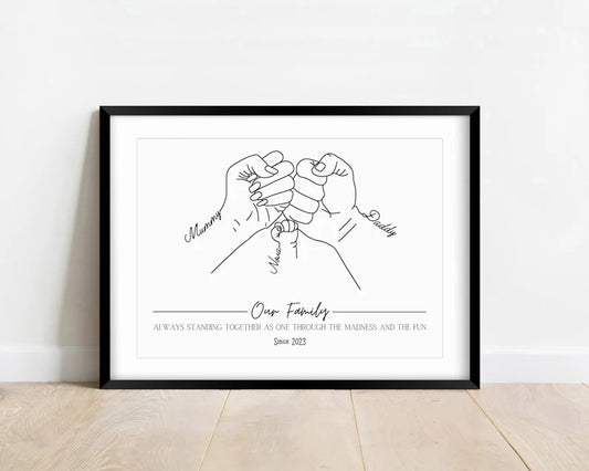 Personalised Family Print, New Baby Newborn Birthday, Fist Bump Wall Art, Minimalist Line Art, Baby Shower, First Second or Third Child Gift