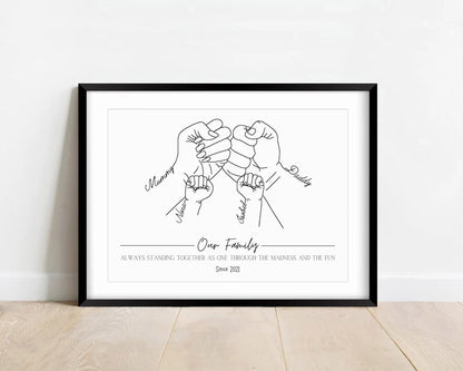 Personalised Family Print, New Baby Newborn Birthday, Fist Bump Wall Art, Minimalist Line Art, Baby Shower, First Second or Third Child Gift