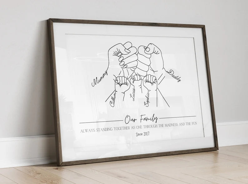 Personalised Family Print, New Baby Newborn Birthday, Fist Bump Wall Art, Minimalist Line Art, Baby Shower, First Second or Third Child Gift