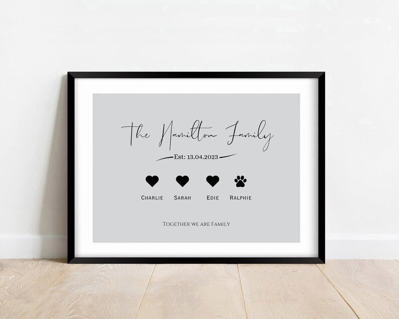 Custom Family Name Gift, Personalied Family Wall Art Print, Established Date Sign, New Home Gift, Family Heart Paw Print, Mum Birthday