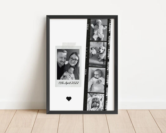Personalised Baby Photo Strip Print, Birth Date Wall Art, Custom Newborn Keepsake, Black and White Family Photo Gift for Parents, Baby Gift