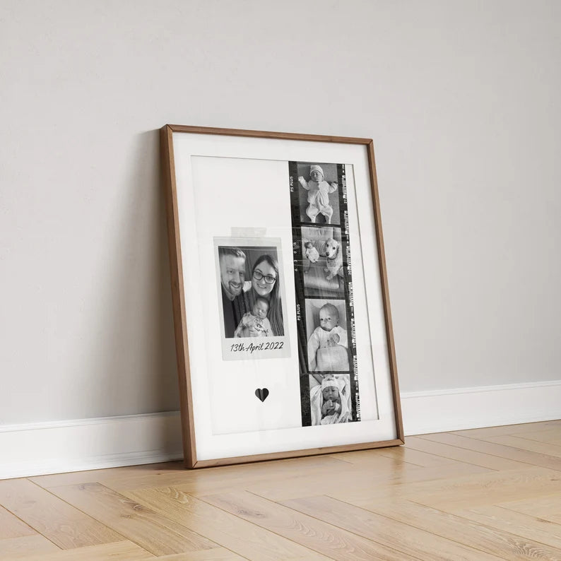 Personalised Baby Photo Strip Print, Birth Date Wall Art, Custom Newborn Keepsake, Black and White Family Photo Gift for Parents, Baby Gift