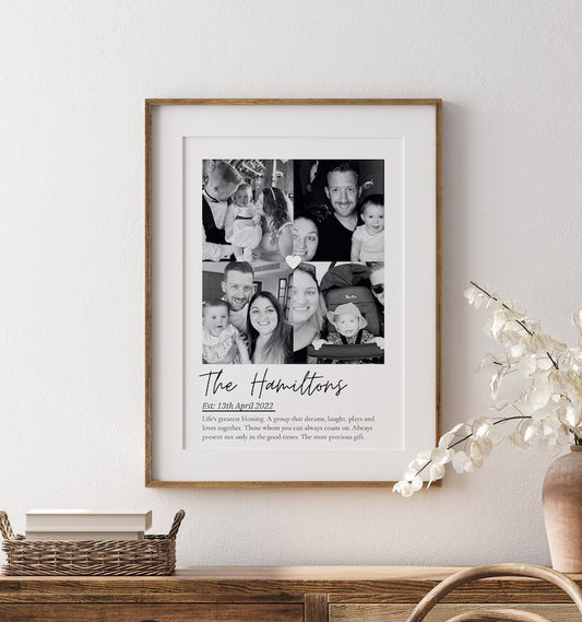 Custom Family Photo Collage Print, Personalised Family Name Wall Art, Family Established Date Gift, Framed Photo Keepsake Decor for Her Him