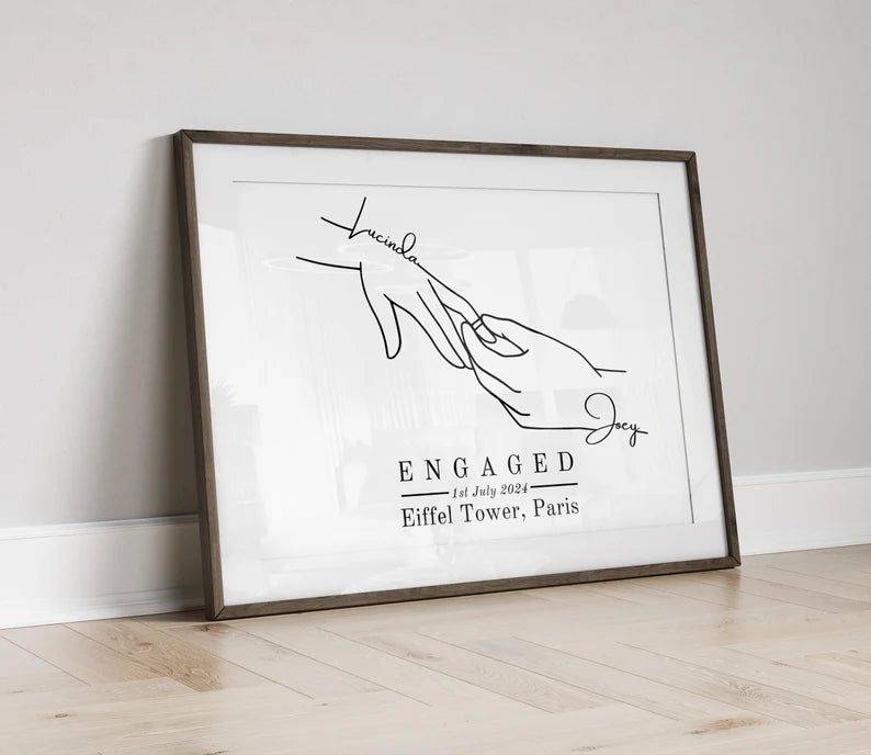 Custom Engagement Gift, Personalised Engaged Hands Print, Gift for Newly Engaged Couple, Best Friend Present for Engagement, Fiancé Gift Art