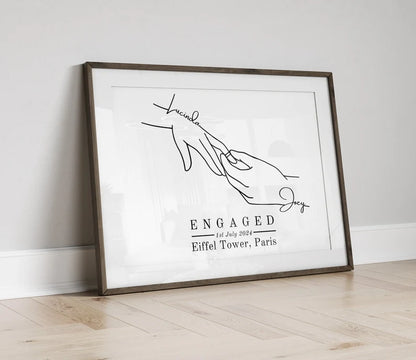 Custom Engagement Gift, Personalised Engaged Hands Print, Gift for Newly Engaged Couple, Best Friend Present for Engagement, Fiancé Gift Art