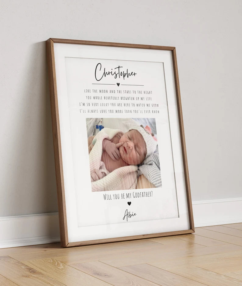 Personalised Godfather Proposal Print with Photo & Quote, Custom Will You Be My Godfather Gift, Baby Christening Gift, Godparent Request