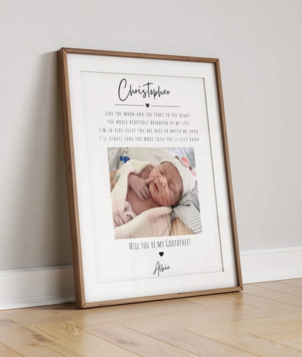 Personalised Godfather Proposal Print with Photo & Quote, Custom Will You Be My Godfather Gift, Baby Christening Gift, Godparent Request