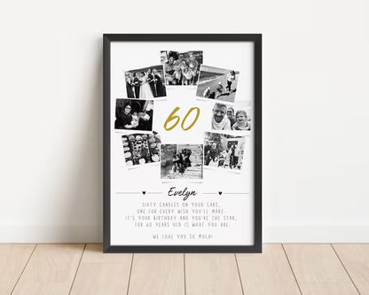 Personalised 60th Birthday Photo Collage, 60th Birthday Gift, Sixty Years Wall Art, Polaroid Photo Decor, Unique Gift, Milestone Birthday