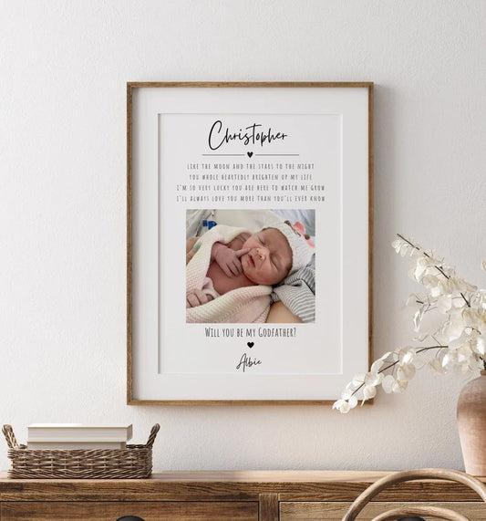 Personalised Godfather Proposal Print with Photo & Quote, Custom Will You Be My Godfather Gift, Baby Christening Gift, Godparent Request