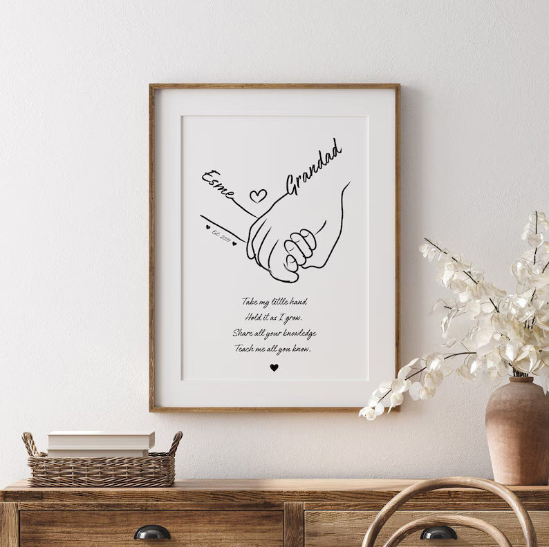 Personalised Grandad and Child Handprint Art | Custom Grandfather Gift | Fathers Day Gift | Nursery Wall Art | Baby and Grandparent Keepsake