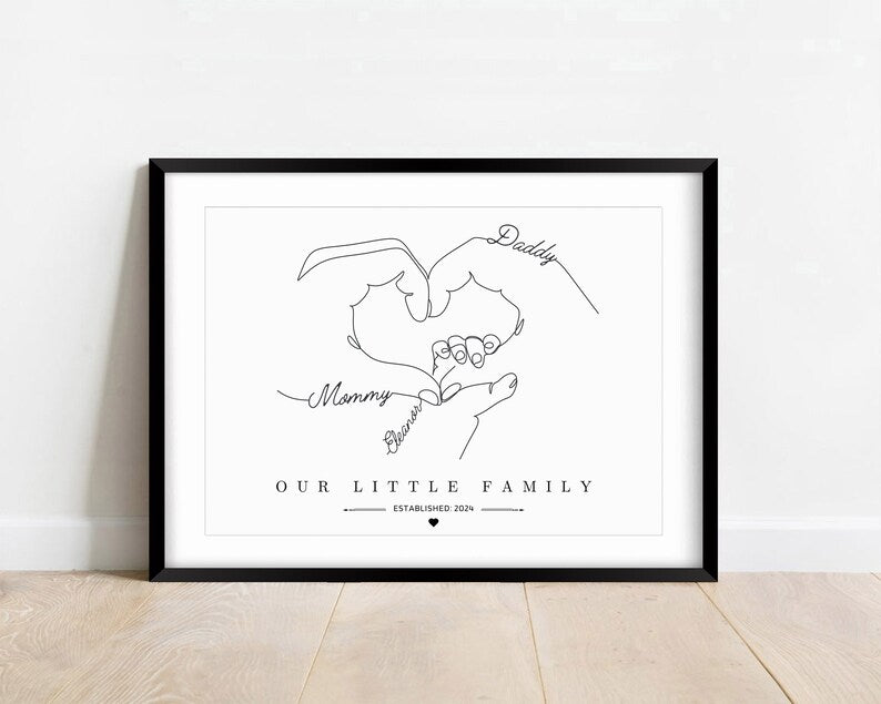 Personalised Gift Print for Newborn Baby, Family of Three Hands Gift, Family Portrait Gift, New Parents Keepsake, Baby Shower Minimalist