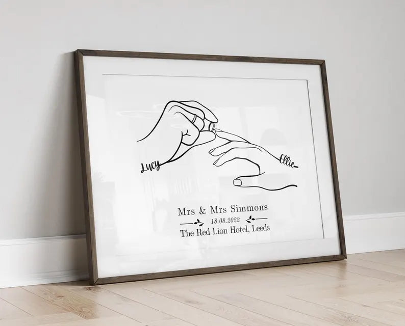 Custom Wedding Line Art Print | Personalised Couple Hand Drawing | Mrs and Mrs Wedding Gift | Custom Names & Venue | LGBTQ Wedding Keepsake