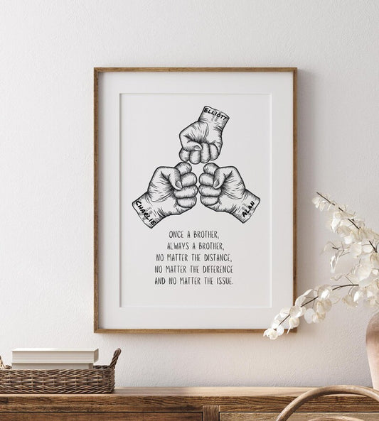 Brotherhood Wall Art | Fist Bump Illustration | Inspirational Quote | Framed Wall Print Brothers | Sibling Christmas Bond | Friendship Art