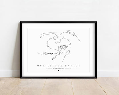Personalised Gift Print for Newborn Baby, Family of Three Hands Gift, Family Portrait Gift, New Parents Keepsake, Baby Shower Minimalist
