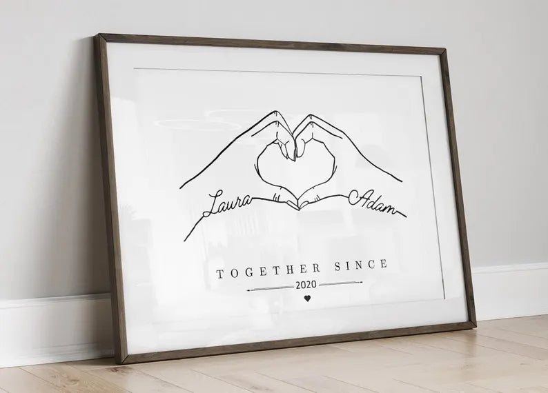 Custom Couple Line Art Print, Personalised Hands Forming Heart, Names and Date Print, Minimalist Anniversary Gift, Valentines Day Gift Print