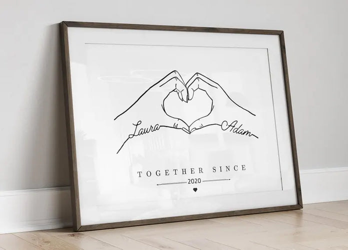 Custom Couple Line Art Print, Personalised Hands Forming Heart, Names and Date Print, Minimalist Anniversary Gift, Valentines Day Gift Print