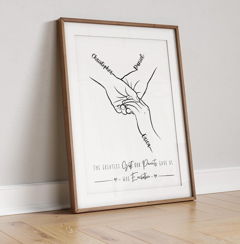 Personalised Siblings Print, 1 to 4 Adult Hands, Minimalist Line Art, Sister Birthday Gift, Brother and Sister Poster, Family Framed Present