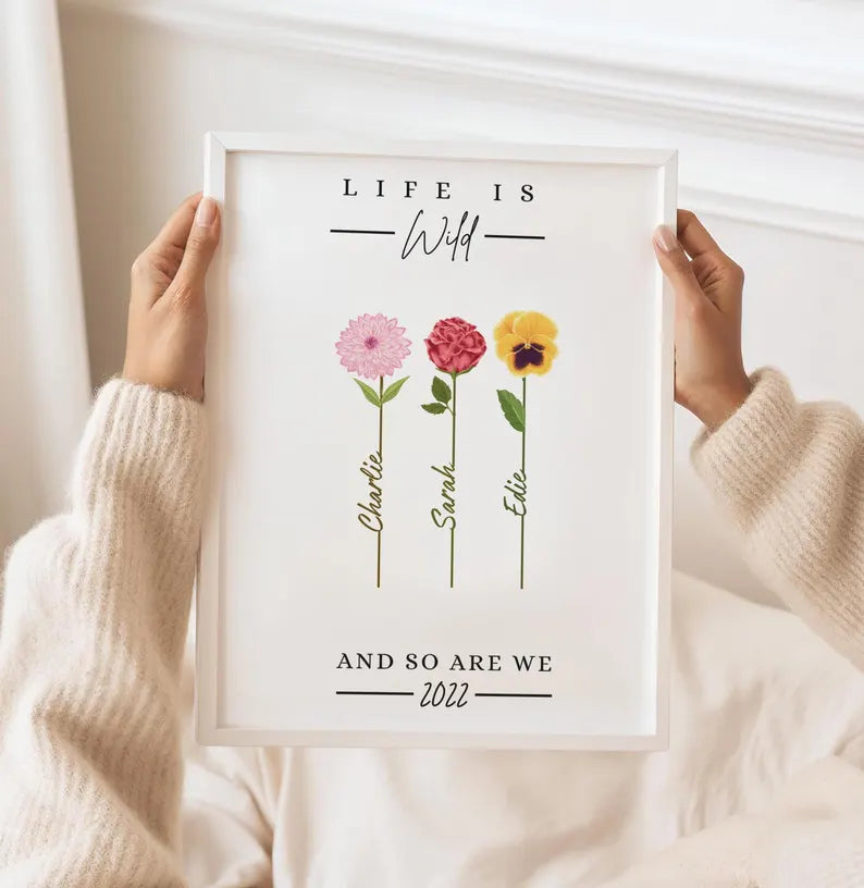 Custom Family Flower Gift, Wild Flower Birthday Gift, Grandparents Mum Frame, Nana Gift for Her, Thank You Decor, Watercolour Wall Art
