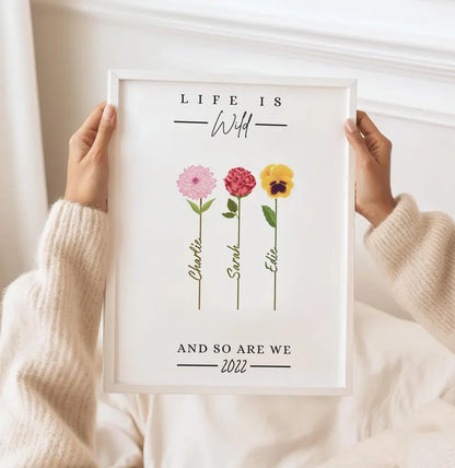Custom Family Flower Gift, Wild Flower Birthday Gift, Grandparents Mum Frame, Nana Gift for Her, Thank You Decor, Watercolour Wall Art