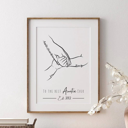 Custom Auntie Hands Print, Birthday Gift for Aunty from Nephew Niece, 1 to 4 Child Hands, Minimalist Line Art, Aunt Family Hands Keepsake