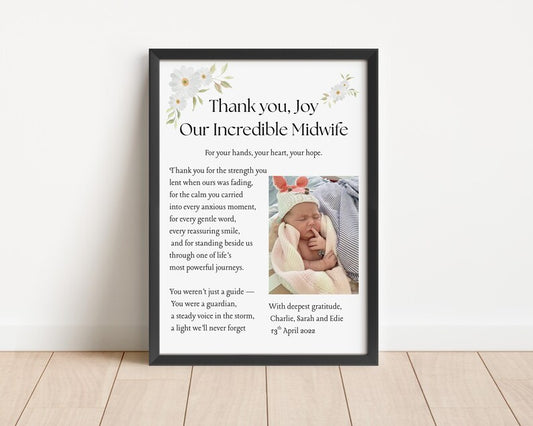 Midwife Thank You Gift Print, Birthing Team Thank You, New Baby Celebration Gift for Midwife, Personalised Floral Quote, Postpartum Gift Art