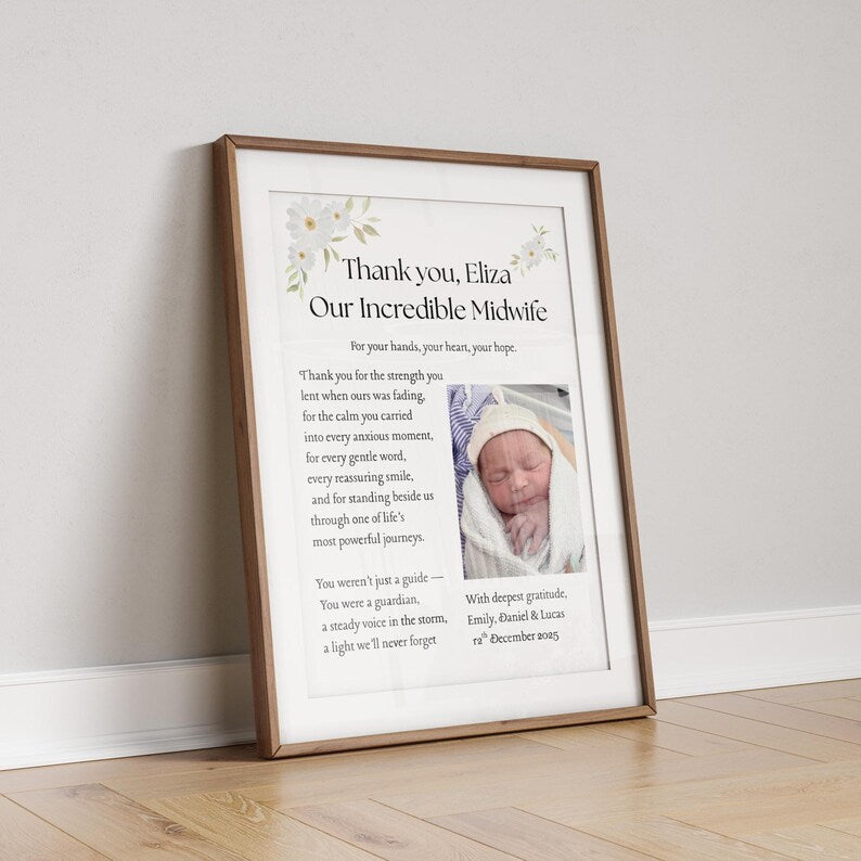 Midwife Thank You Gift Print, Birthing Team Thank You, New Baby Celebration Gift for Midwife, Personalised Floral Quote, Postpartum Gift Art