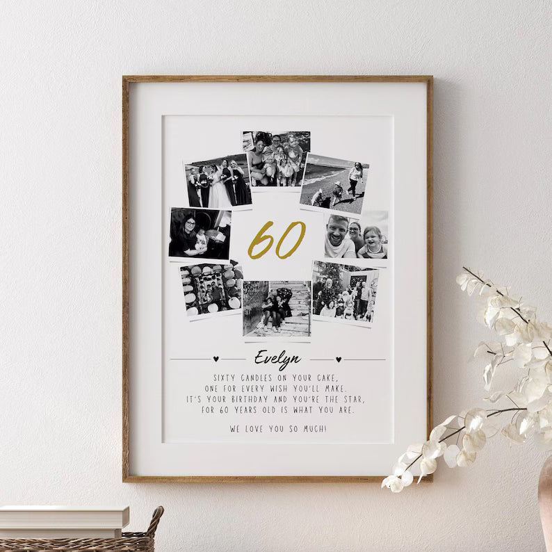 Personalised 60th Birthday Photo Collage, 60th Birthday Gift, Sixty Years Wall Art, Polaroid Photo Decor, Unique Gift, Milestone Birthday
