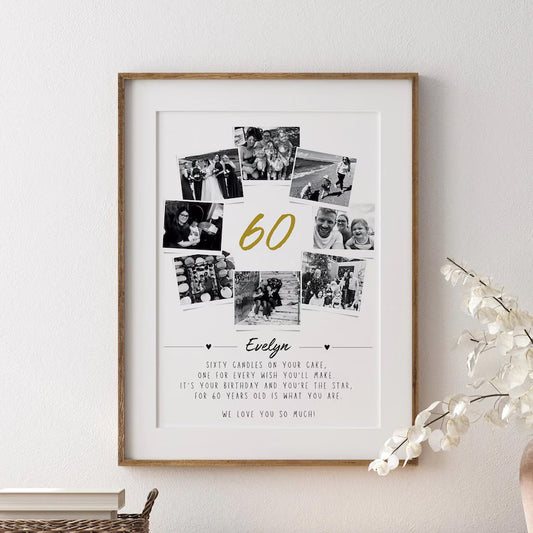 Personalised 60th Birthday Photo Collage, 60th Birthday Gift, Sixty Years Wall Art, Polaroid Photo Decor, Unique Gift, Milestone Birthday