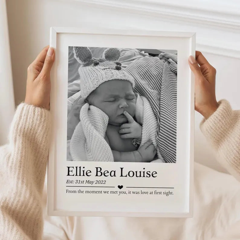 Personalised Baby Name Print with Photo, Custom Newborn Keepsake Gift, Birth Announcement Wall Art, Nursery Decor Frame, Family Gift Print