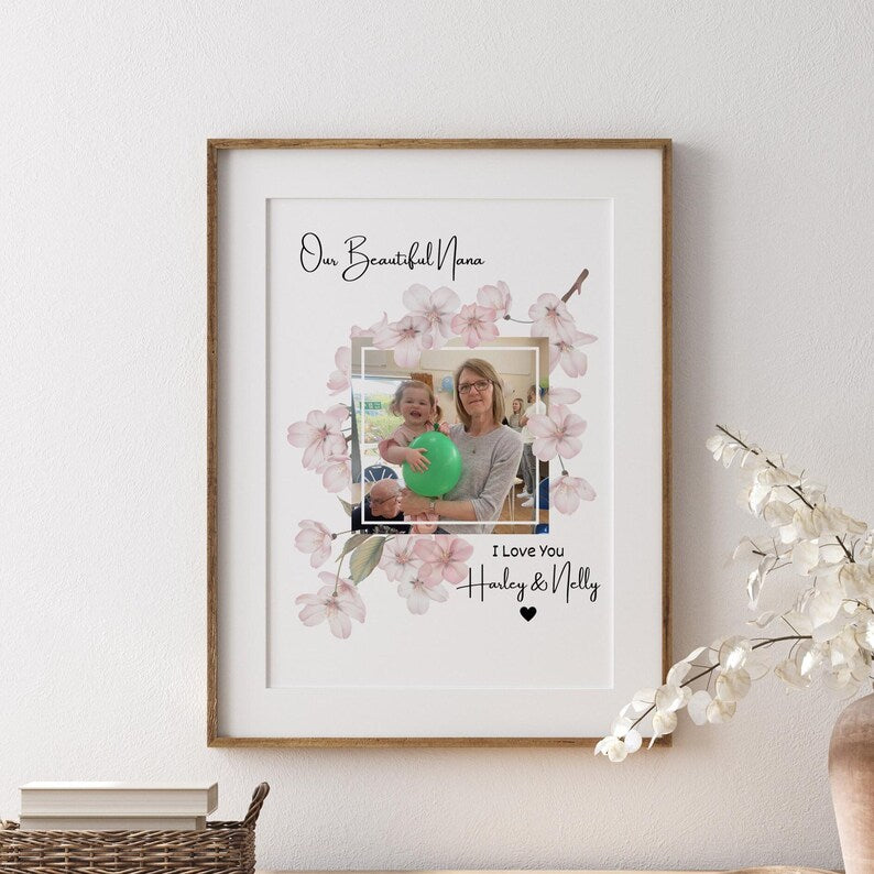 Custom Nana Gift from Grandchild, Personalised Nana Photo Frame, My Beautiful Nana Floral Print, Gift for Grandma Birthday or Mother's Day