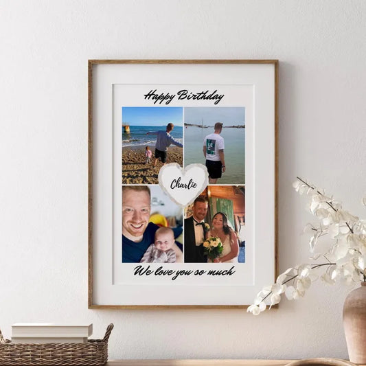 Personalised Birthday Gift Print, Picture Collage Photo Frame for Him, Family Portrait Gift, Unique Gift Mum Dad Wife Partner, Birthday Gift
