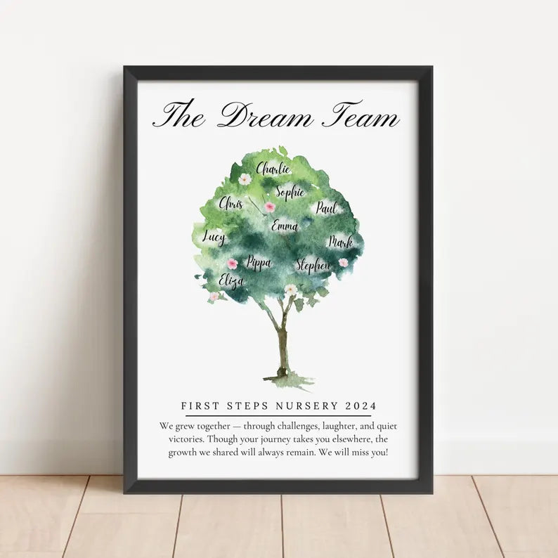 Personalised Work Leaver Tree, Retirement Gift, Custom Names, Dream Team Print, Colleague Promotion Gift, Office Farewell, Watercolour Print