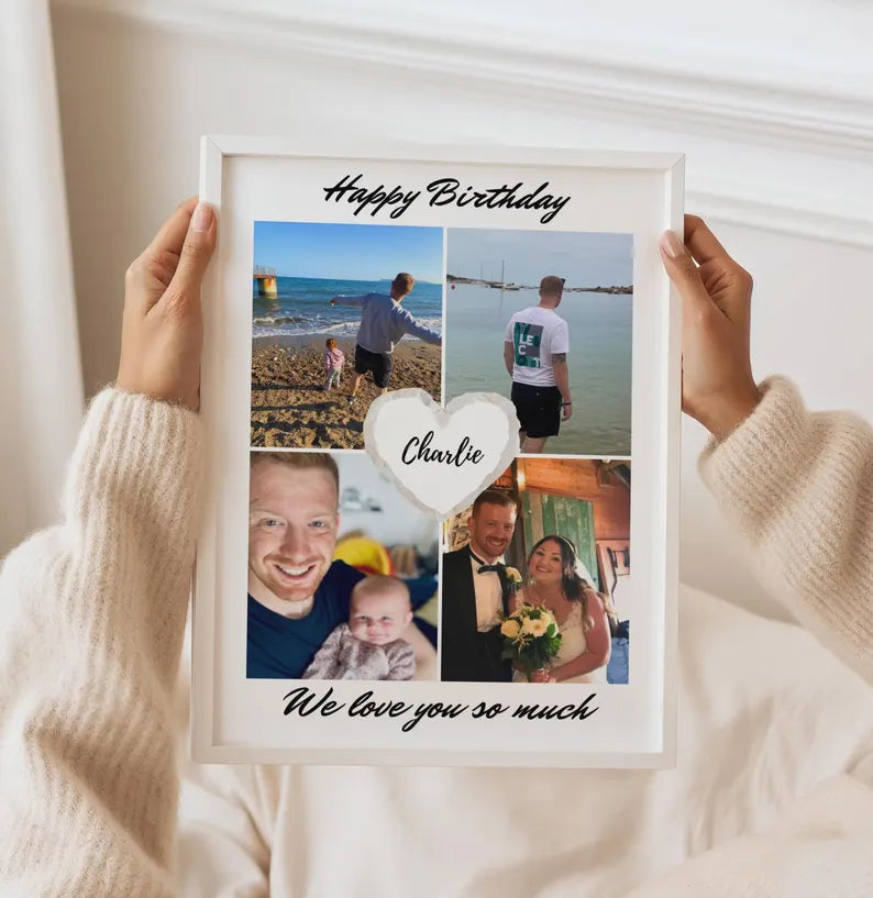 Personalised Birthday Gift Print, Picture Collage Photo Frame for Him, Family Portrait Gift, Unique Gift Mum Dad Wife Partner, Birthday Gift