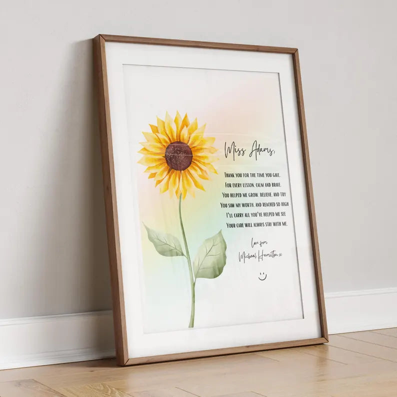 Personalised Teacher Gift, Sunflower & Rainbow Print, Nursery Keyworker Thank You, Custom End of Year Gift, Thank You Gift for Nursery Staff