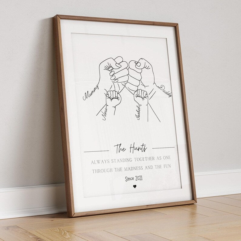 Family Fist Hands Gift, Personalised Fist Bump Print, Unique Father's Day Keepsake, 1 to 4 Children Gift for Parent, Custom Portrait Dad Mum