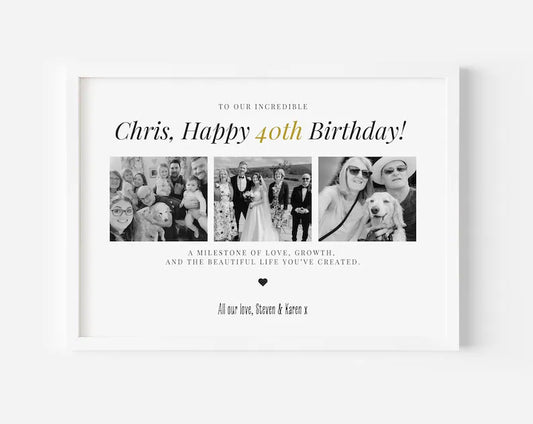40th Birthday Personalised Photo Gift, Milestone Custom Print, Gift for 40th Birthday, Unique Birthday Gift Frame for Mum Dad Friend Sister