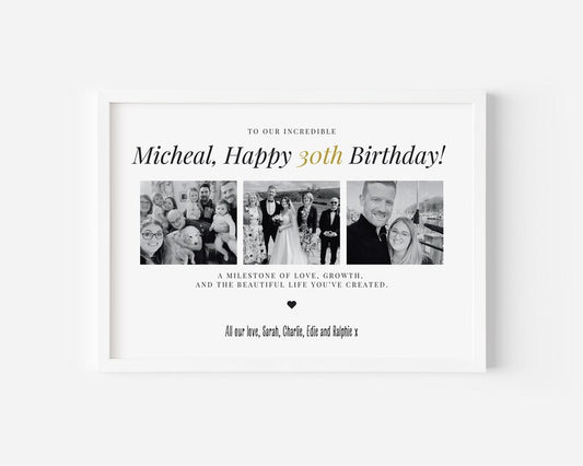 30th Birthday Custom Photo Gift, Milestone Birthday Print, Personalised Gift for 30th Birthday, Birthday Gift Frame for Son Daughter Friend