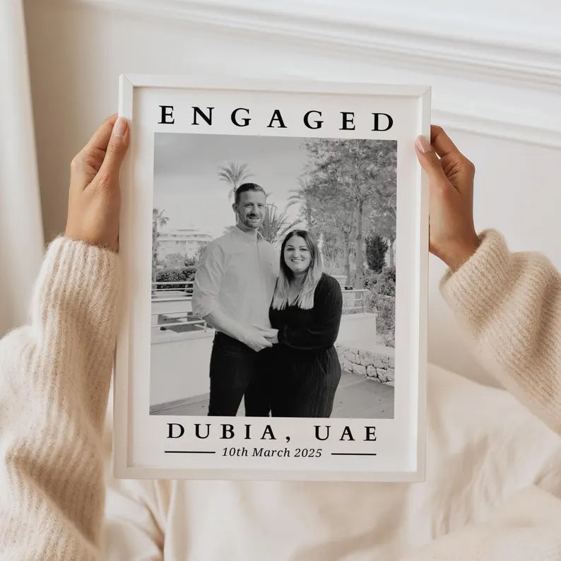 Custom Engagement Photo Print, Personalised Engagement Gift with Location & Date, Engaged Gift for Couple, Anniversary Present for Fiance