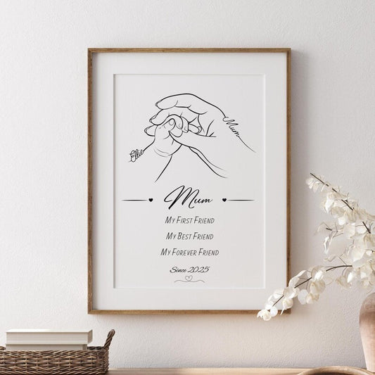 Custom Mum and Baby Line Art Print, Personalised Mother's Day Gift, Mum First Best Friend Quote, New Mummy Birthday Gift, Baby Hand Decor
