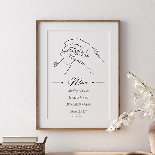Custom Mum and Baby Line Art Print, Personalised Mother's Day Gift, Mum First Best Friend Quote, New Mummy Birthday Gift, Baby Hand Decor